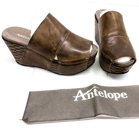 Antelope 869 Wide Banded Platform Mules 5 Women's Tan Brown - Picture 2 of 10